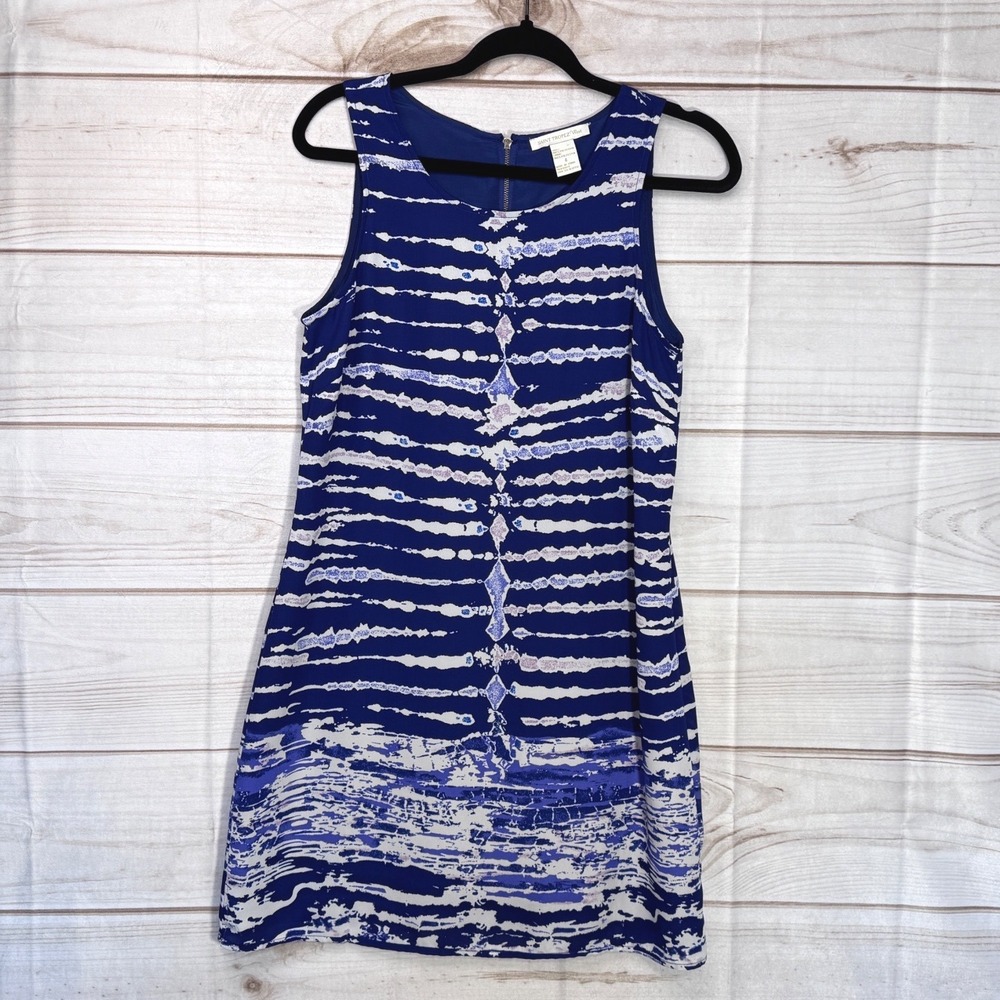 Saint Tropez West Blue White Abstract Stripe Shift Dress Size 4 Sleeveless Zip